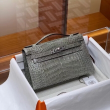 Super Hermes HERMES Kelly Pochette Alligator 81 Gris Tourterelle Full handmade 22x14x7cm Super Hermes Factory