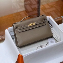 Super Hermes HERMES Kelly Pochette Swift 8C Gri Elephant  Full handmade Super Hermes Factory