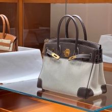 Super Hermes HERMES Birkin 30CM Swift&Canvas 8C Gri Elephant Full handmade Super Hermes Factory