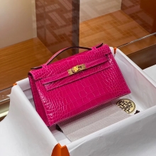 Super Hermes HERMES Kelly Pochette Alligator 5J Fushsia Full handmade 22x14x7cm Super Hermes Factory
