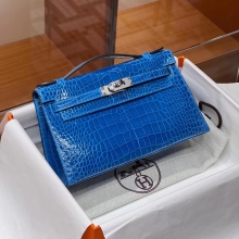 Super Hermes HERMES Kelly pochetto 22cm 7W Bleu Izmir  Alligator  Silvery Hardware HandMade