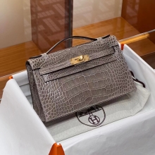 Super Hermes HERMES Kelly pochetto 22cm 8C Gri Elephant  Alligator GOLD Hardware HandMade