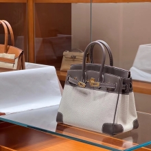 Super Hermes HERMES Birkin 25CM Swift&Canvas 8C Gri Elephant Full handmade Super Hermes Factory