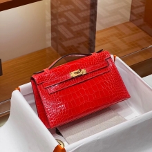 Super Hermes HERMES Kelly pochetto 22cm S5 Rouge Tomate Alligator GOLD Hardware HandMade