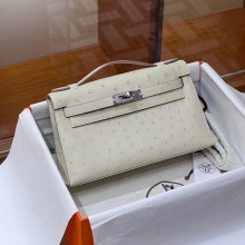 Super Hermes HERMES Kelly Pochette 80 Gris Perle Ostrich SHW Full handmade fatory