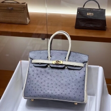 Super Hermes HERMES  Birkin 25CM 8U Bleu Glacler 10 Craie Ostrich GHW Full handmade fatory