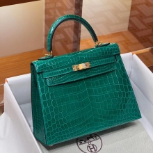 Super Hermes HERMES Kelly 25CM/28CM 6Q Vert Emeraude Alligator GHW Full handmade