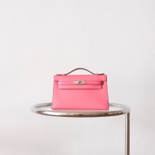 Sale Hermes 8W Rose Azalee Swift Leather Kelly Pochette22cm Silver Hardware