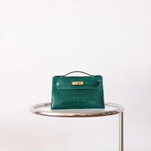 Hand Stitch Hermes Kelly Pochette22cm 6Q Vert Emeraude Aligator Crocodile Gold Hardware