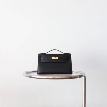 Bkhorse Hermes 89 Black Swift Leather Kelly Pochette22cm Gold Hardware