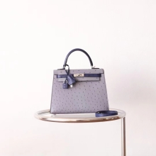 Bkhorse Factory Hermes Kelly 25CM Gris Agate/Blue Marta Ostrich Leather Silver Hardware