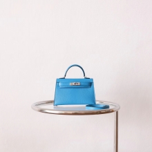 Hand Stitch Hermes Mini Kelly II 19CM 0F Blue Frida Chevre Leather Silver Hardware