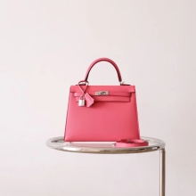 Full Handmade Hermes Kelly Bag25CM 8W Rose Azalee Epsom Leather Silver Hardware
