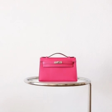 Full Handmade Hermes Mini Kelly Pochette22cm E5 Rose Tyrien Epsom Leather Silver Hardware