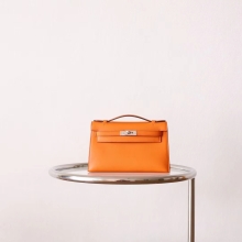 Sale Hermes 93 Orange Swift Leather Kelly Pochette22cm Clutch Bag Silver Hardware