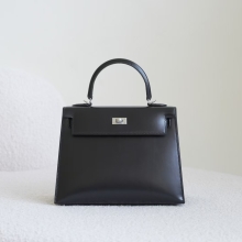 Women's Tote Bag Kelly Sellier 25CM Box Leather CK89 Noir Silver Hardware