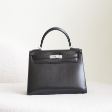 UK London Kelly Sellier 28CM Box Leather CK89 Noir Silver Hardware