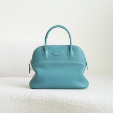 Women's Tote Bag Hermes Bolide 31CM Blue Jean Clemence Leather Silver Hardware
